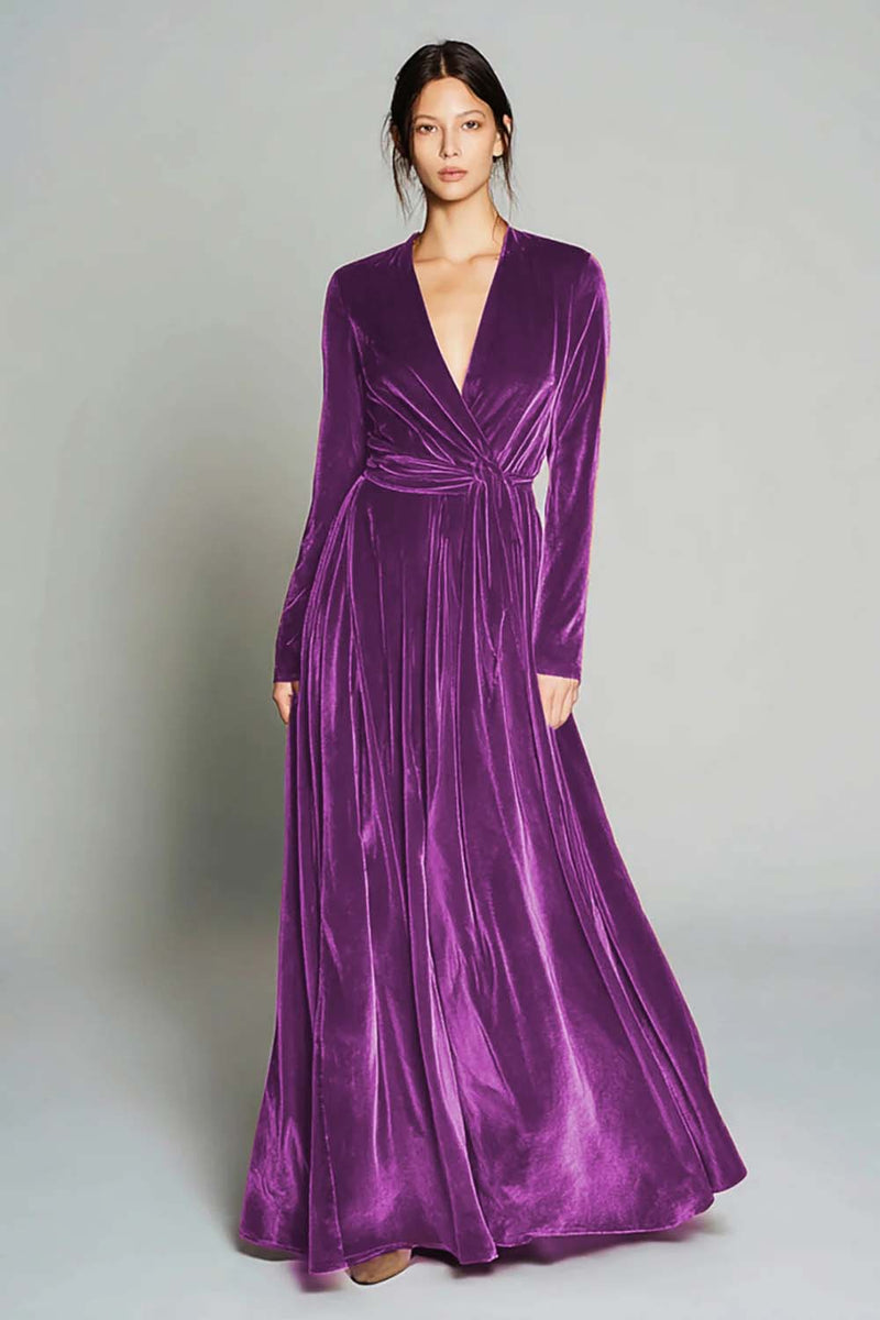 Load image into Gallery viewer, Brown Pleated Velvet A Line Long Sleeves Holiday Party Dress