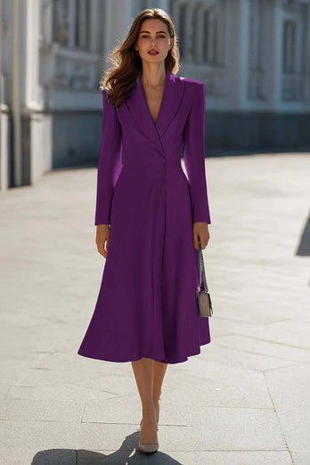 Sky Blue Satin Shawl Lapel A Line Midi Blazer Dress with Sleeves