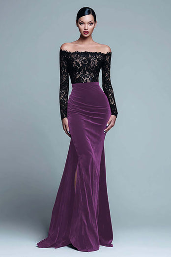 Black and Burgundy Velvet Mermaid Long Sleeves Holiday Party Dress with Lace