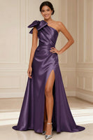 Load image into Gallery viewer, One Shoulder Silver A Line Long Mother of the Bride Dress with Bow