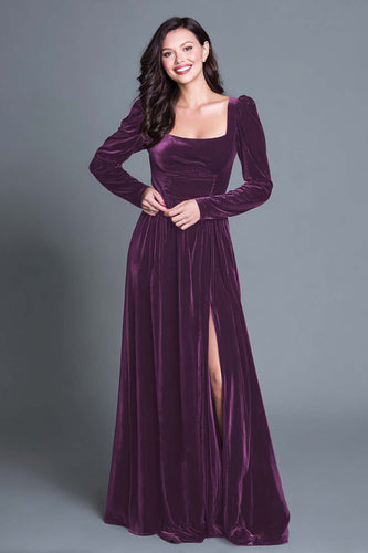 Plum A-Line Long Sleeves Velvet Holiday Party Dress with Slit