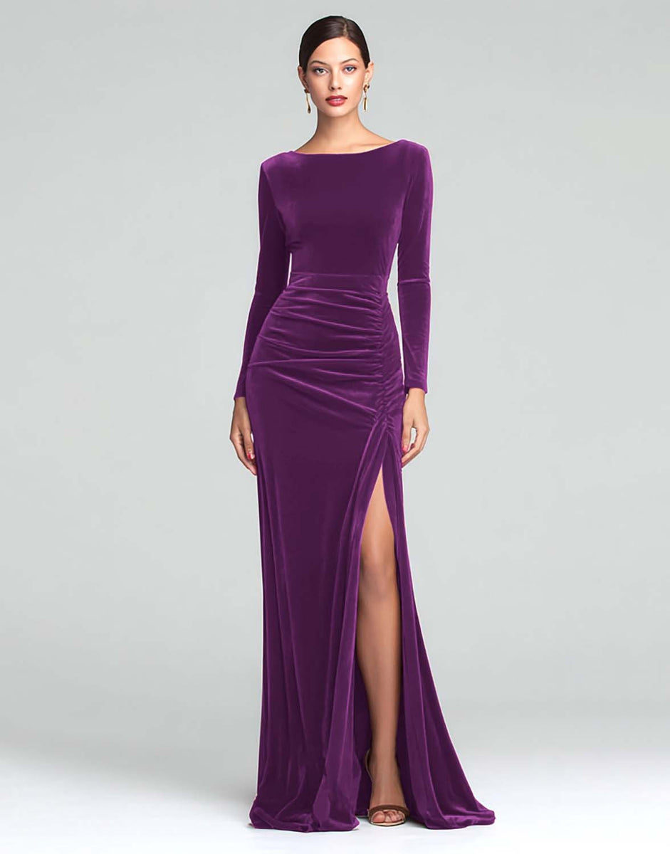 Load image into Gallery viewer, Burgundy Boat Neck Ruched Velvet Long Sleeves Holiday Party Dress