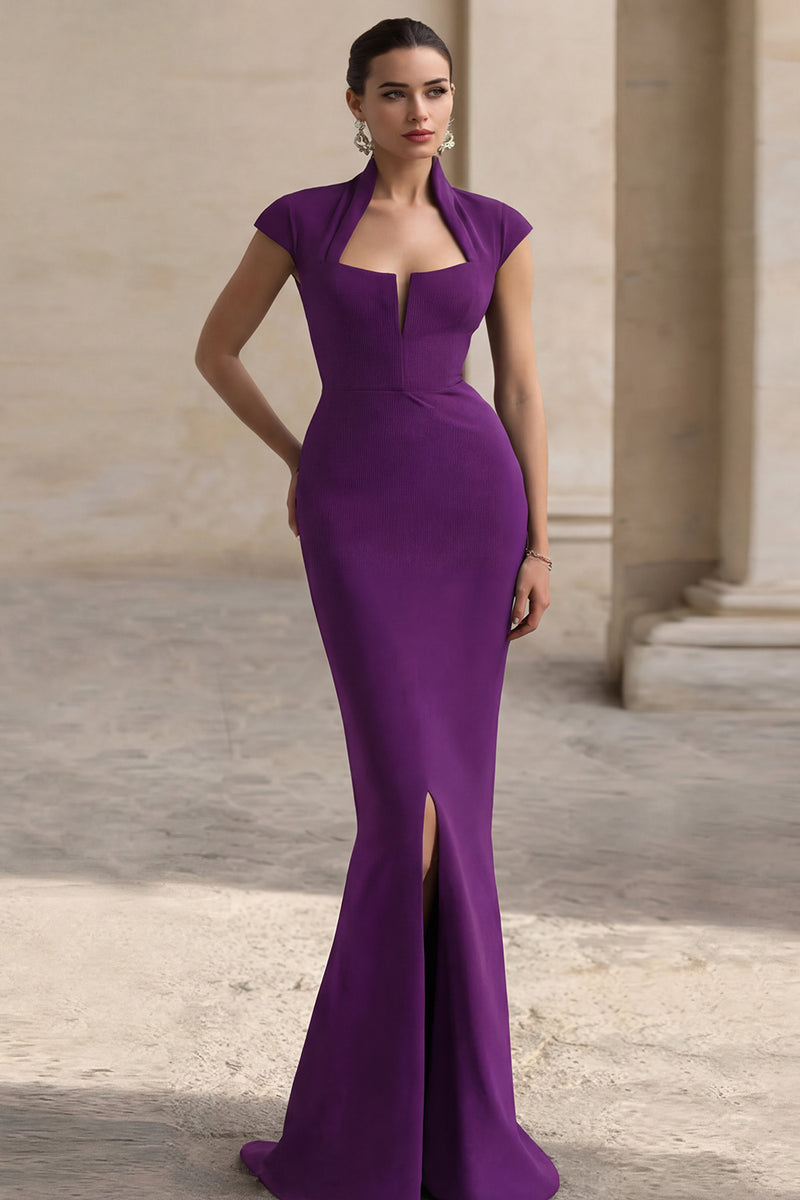 Load image into Gallery viewer, Black Mermaid Square Neck Cap Sleeves Long Formal Dress with Slit