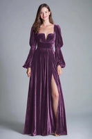 Load image into Gallery viewer, Burgundy A-Line Puff Sleeves Velvet Long Holiday Party Dress with Slit