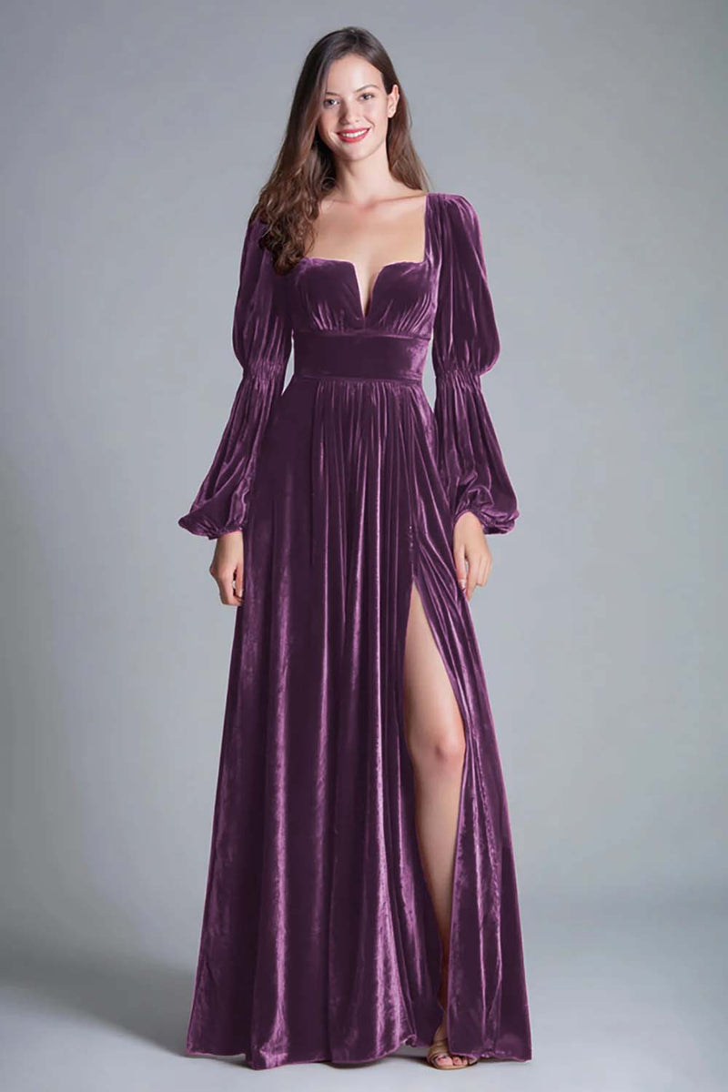 Load image into Gallery viewer, Burgundy A-Line Puff Sleeves Velvet Long Holiday Party Dress with Slit