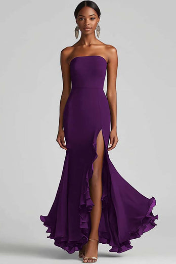 Royal Blue Strapless Sheath Maxi Chiffon Formal Dress with Slit