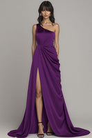 Load image into Gallery viewer, Black One Shoulder A Line Satin Maxi Formal Dress with Slit