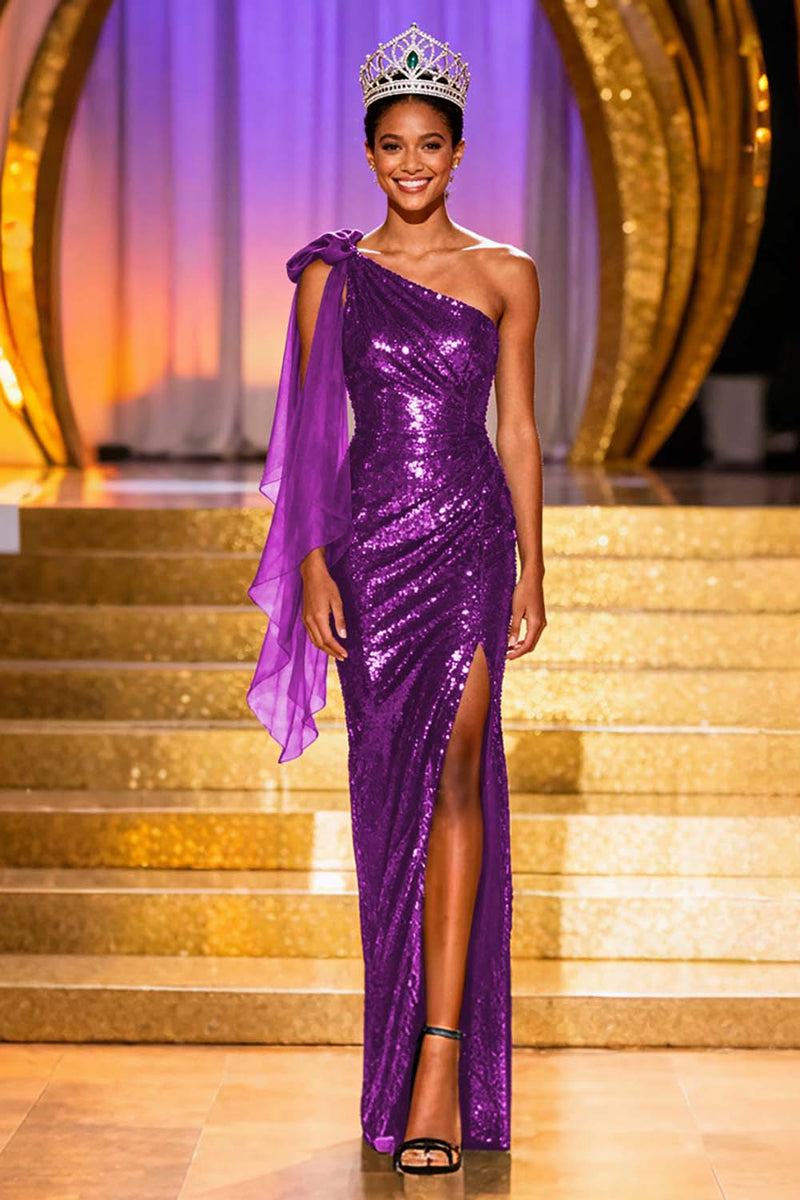 Load image into Gallery viewer, Sparkly Dark Green One Shoulder Long Sequin Pageant Dress with Slit