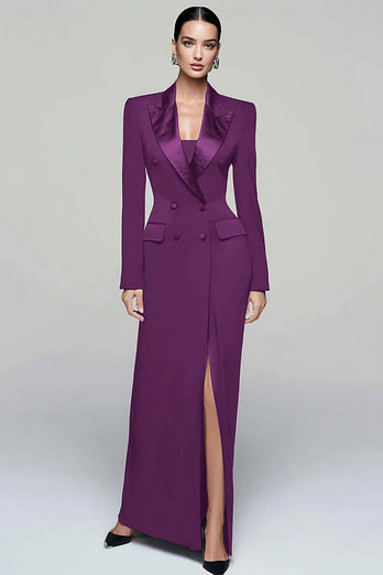 Black Peak Lapel Double Breasted Pencil Long Blazer Dress with Sleeves