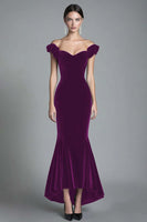 Load image into Gallery viewer, Black Off the Shoulder Asymmetrical Velvet Long Formal Dress
