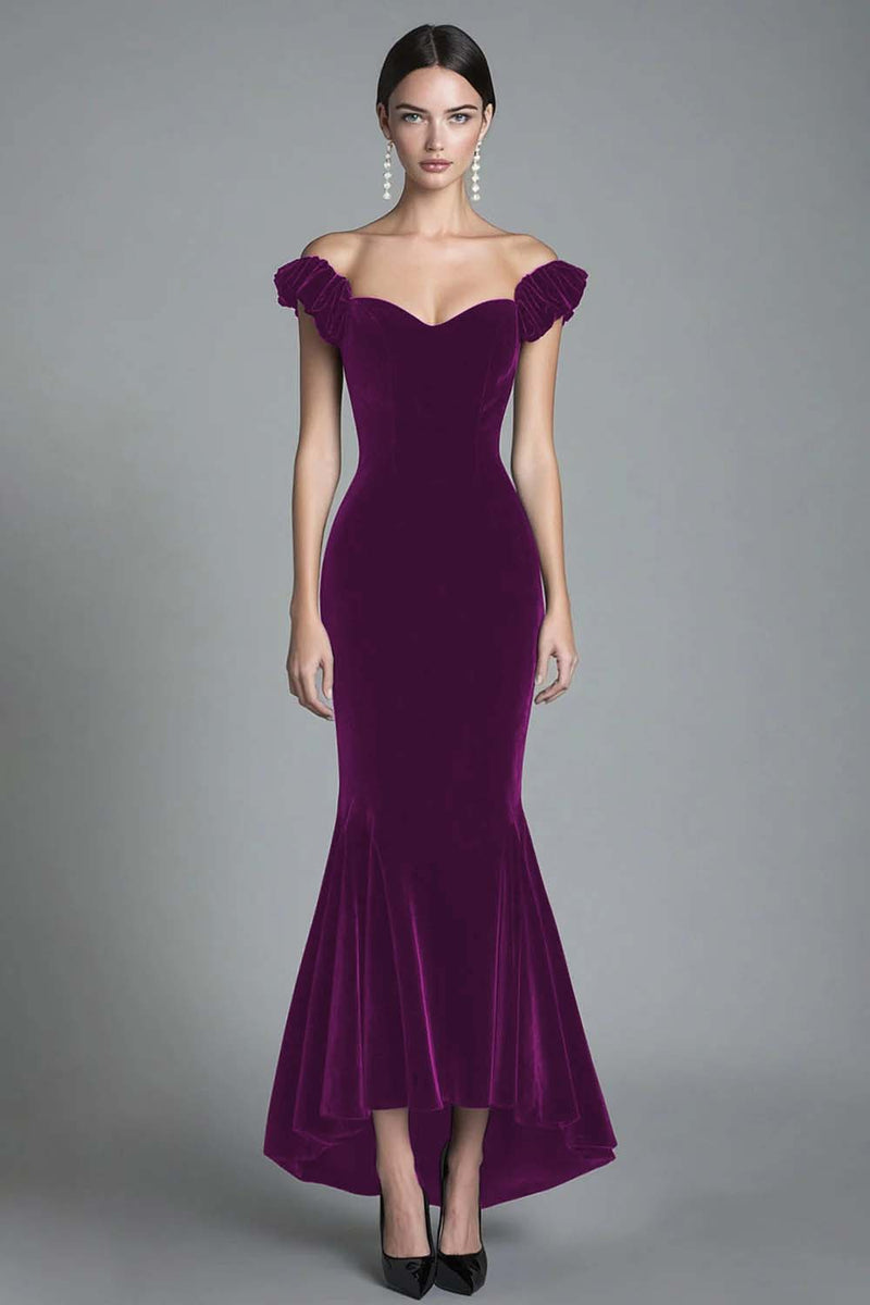 Load image into Gallery viewer, Black Off the Shoulder Asymmetrical Velvet Long Formal Dress