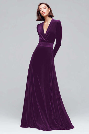 Dark Green A Line V-Neck Velvet Long Sleeves Holiday Party Dress