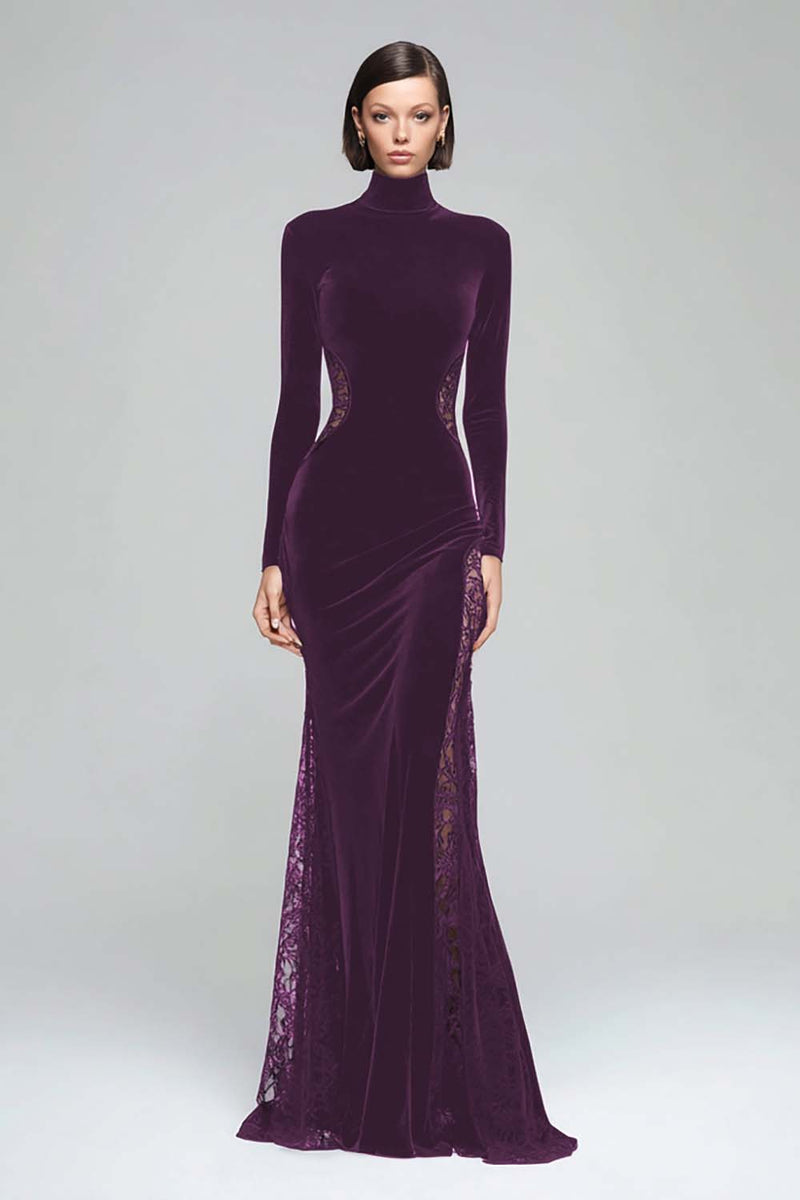 Load image into Gallery viewer, Black Velvet Mermaid High Neck Maxi Formal Dress with Lace