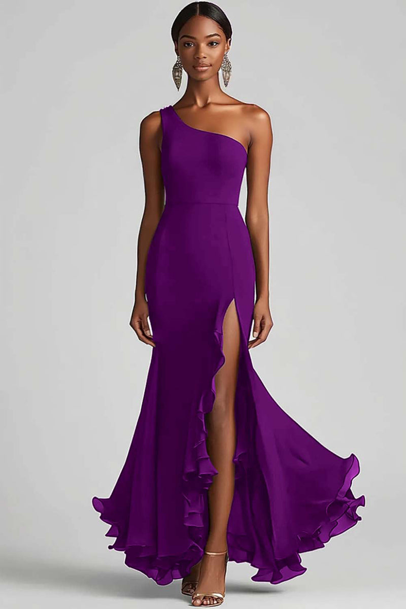 Load image into Gallery viewer, Ink Blue Mermaid Ruffled Chiffon Long Formal Dress with Slit