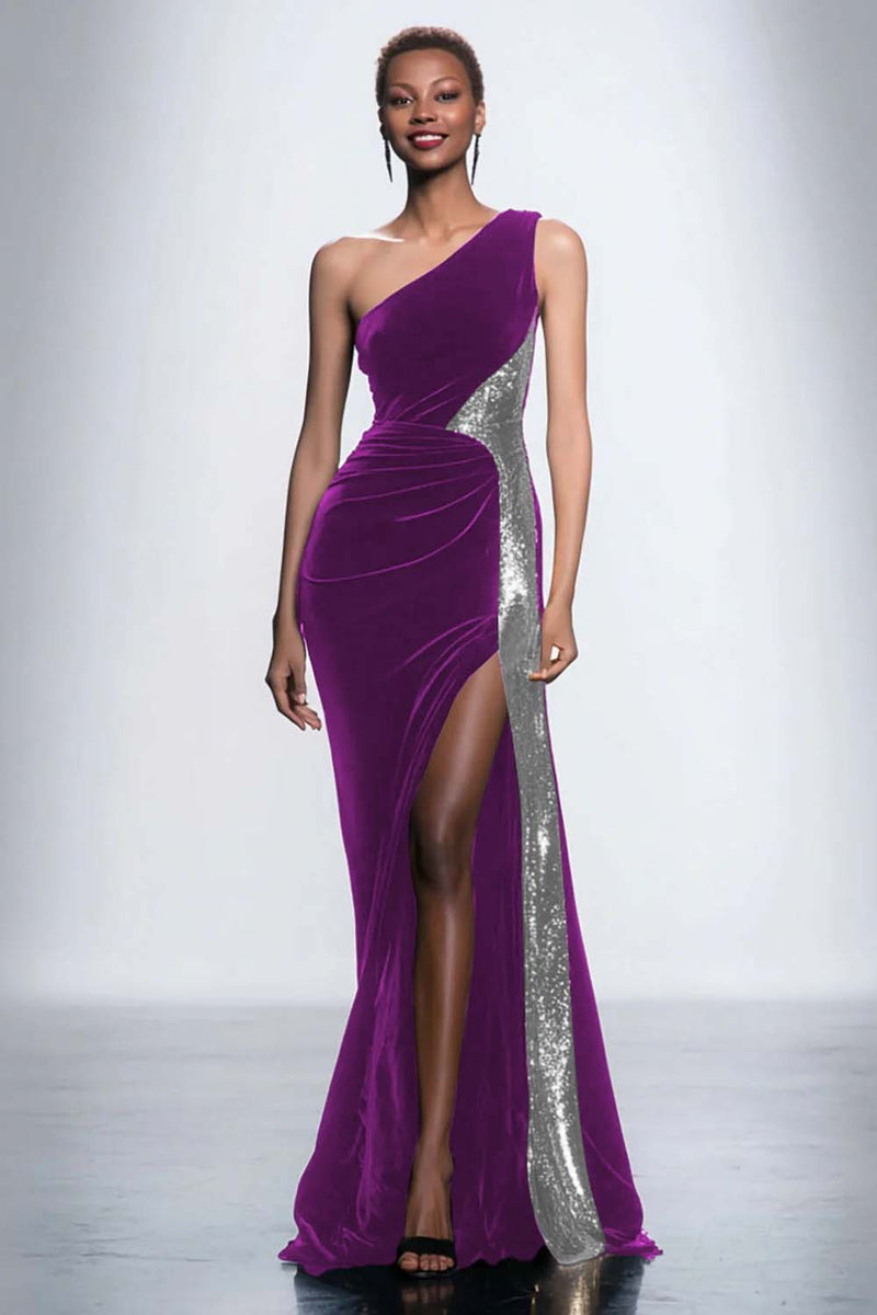 Load image into Gallery viewer, Black Velvet One Shoulder Mermaid Maxi Holiday Party Dress with Sequins