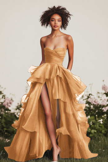 Dark Green Ruched Tiered Strapless Long Formal Dress with Slit