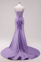 Load image into Gallery viewer, Sparkly Royal Blue Mermaid Beaded Spaghetti Straps Corset Long Prom Dress with Slit