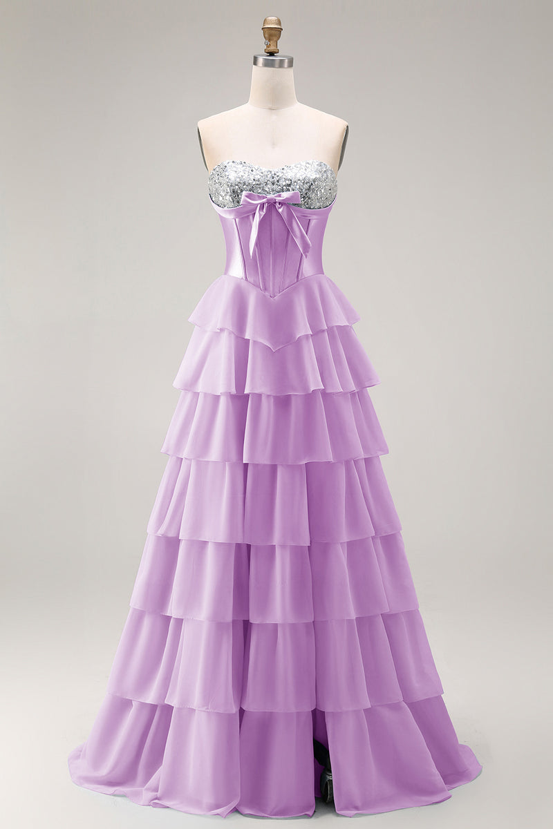 Load image into Gallery viewer, Pink Ruffled Sequin Long Corset Prom Dress with Bow