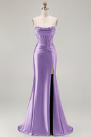 Load image into Gallery viewer, Dark Green Strapless Satin Mermaid Long Corset Prom Dress with Slit