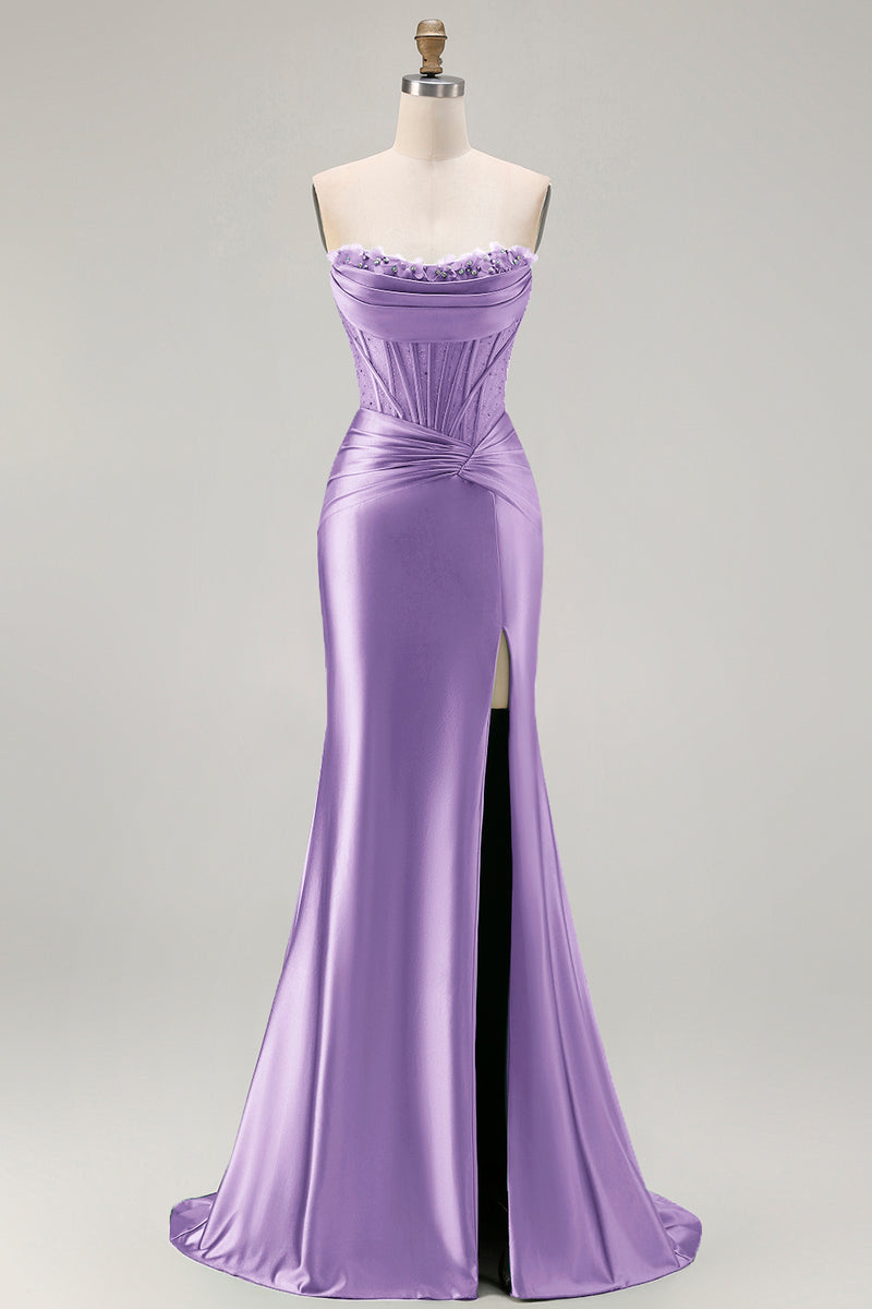Load image into Gallery viewer, Dark Green Strapless Satin Mermaid Long Corset Prom Dress with Slit