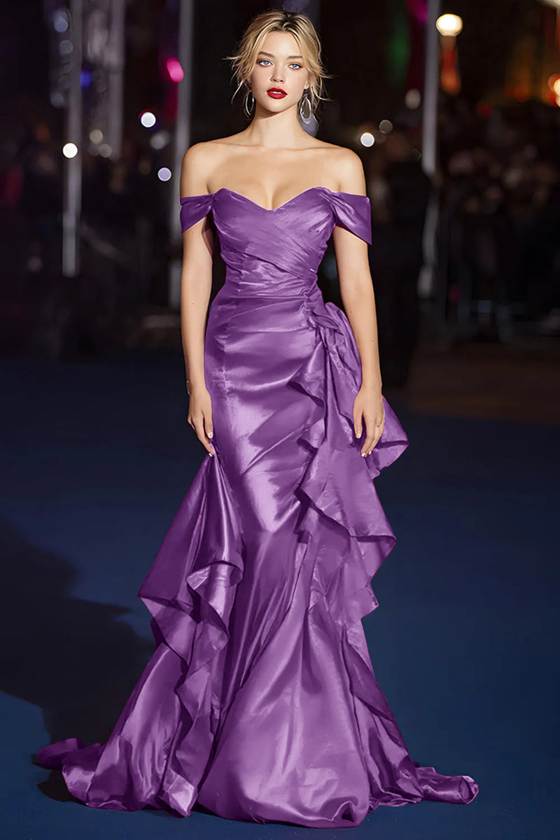 Load image into Gallery viewer, Dark Green Mermaid Off the Shoulder Long Gala Dress with Ruffles