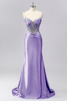 Load image into Gallery viewer, Sparkly Grey Blue Spaghetti Straps Mermaid Long Prom Dress with Beading