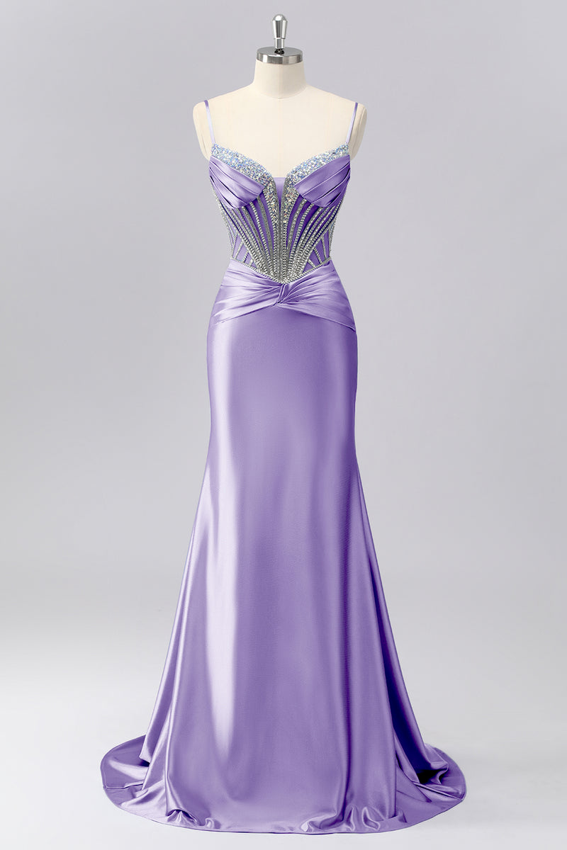 Load image into Gallery viewer, Sparkly Grey Blue Spaghetti Straps Mermaid Long Prom Dress with Beading