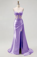 Load image into Gallery viewer, Sparkly Champagne Mermaid Satin Spaghetti Straps Long Prom Dress with Beading