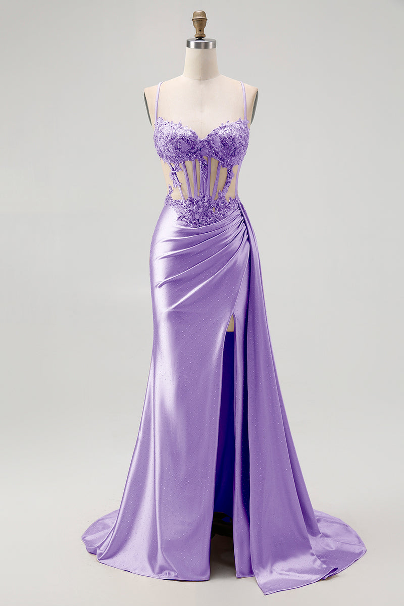 Load image into Gallery viewer, Sparkly Champagne Mermaid Satin Spaghetti Straps Long Prom Dress with Beading