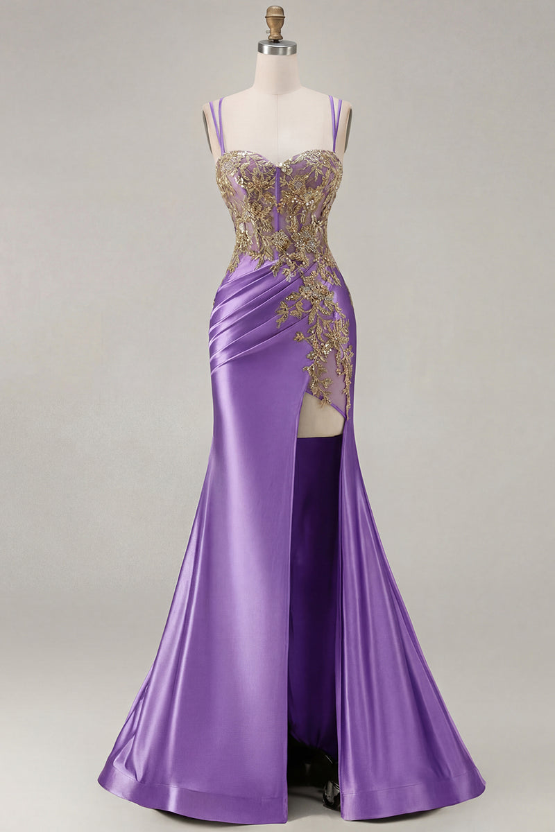 Load image into Gallery viewer, Sparkly Black Satin Floral Appliqued Long Corset Prom Dress with Slit