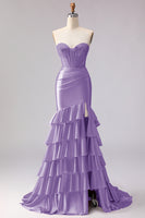 Load image into Gallery viewer, Red Satin Ruffled Mermaid Long Corset Prom Dress with Slit