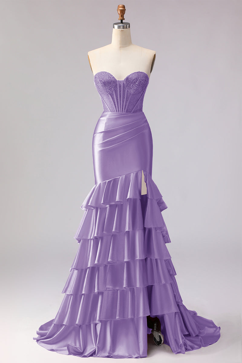Load image into Gallery viewer, Red Satin Ruffled Mermaid Long Corset Prom Dress with Slit