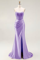 Load image into Gallery viewer, Sparkly Blush Strapless Mermaid Ruched Long Prom Dress with Slit
