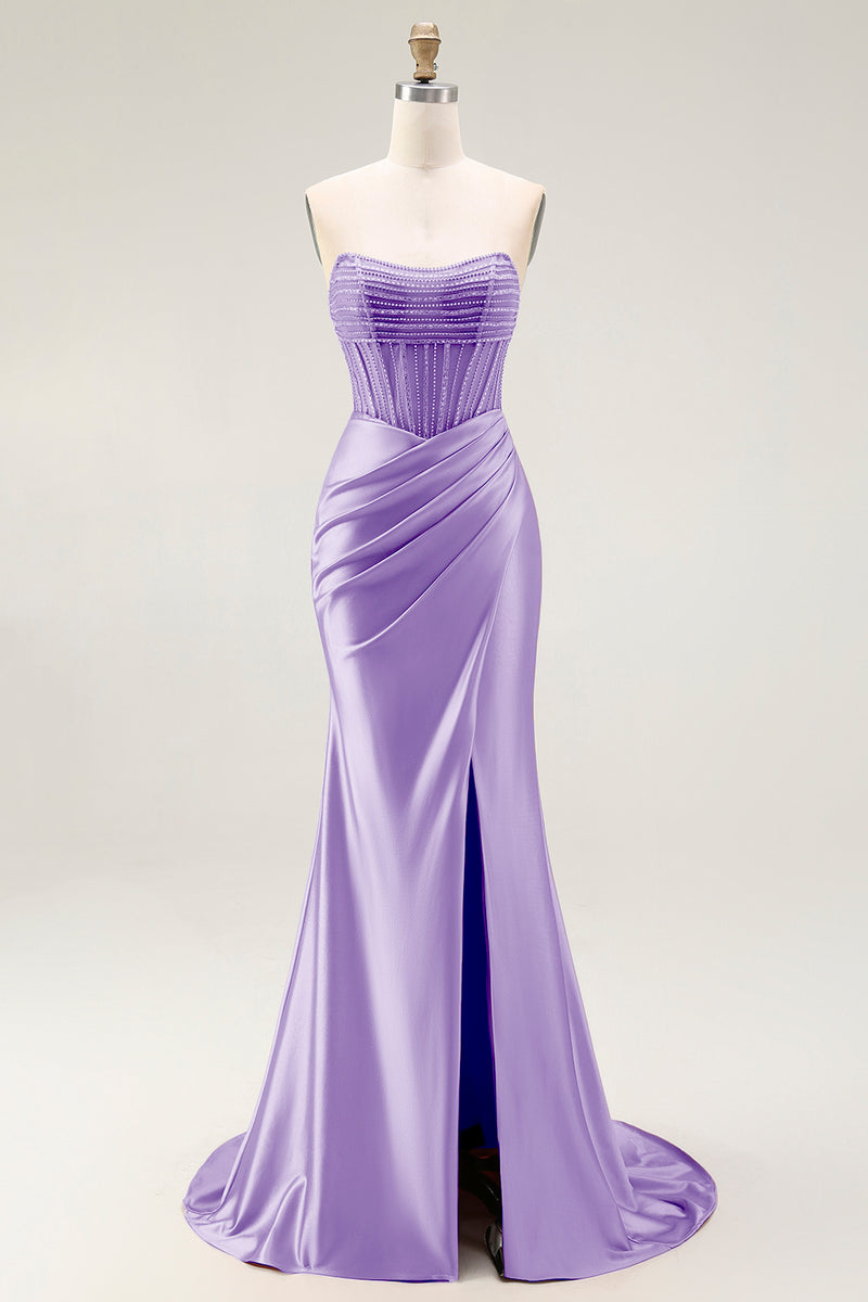 Load image into Gallery viewer, Sparkly Blush Strapless Mermaid Ruched Long Prom Dress with Slit
