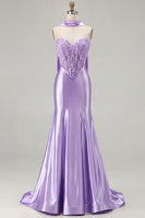 Load image into Gallery viewer, Blue Satin Sweetheart Mermaid Long Corset Prom Dress