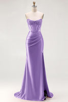 Load image into Gallery viewer, Sparkly Red Mermaid Satin Beaded Long Corset Prom Dress with Slit