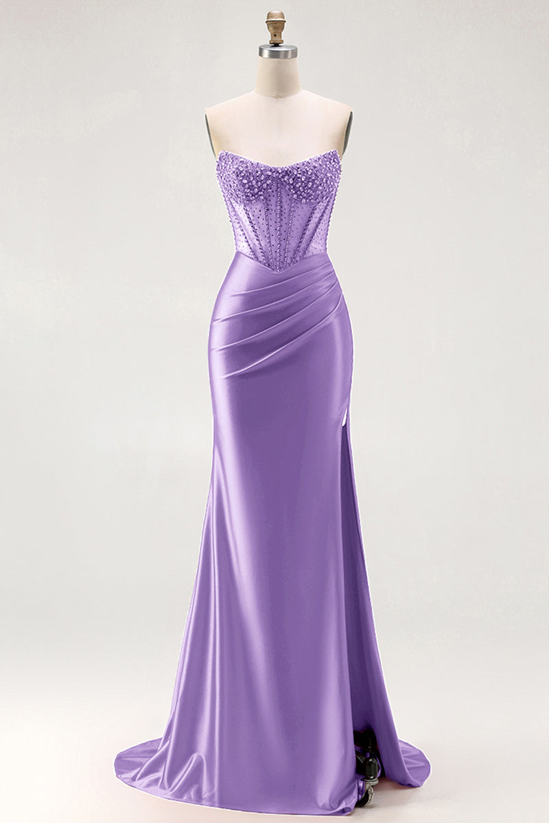 Load image into Gallery viewer, Sparkly Red Mermaid Satin Beaded Long Corset Prom Dress with Slit