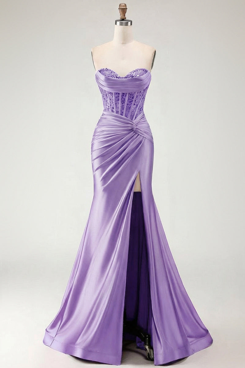 Load image into Gallery viewer, Burgundy Mermaid Satin Long Corset Prom Dress with Slit