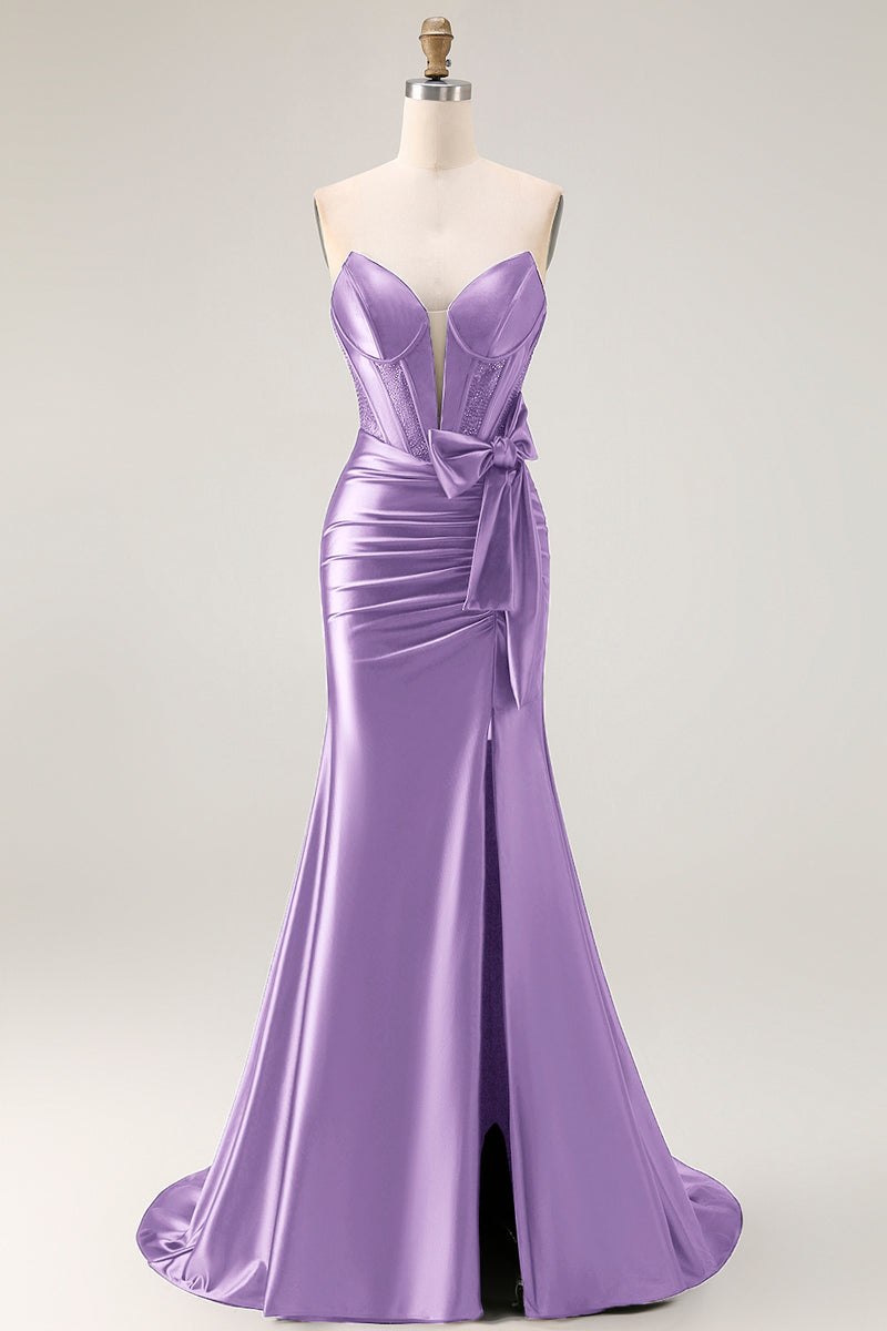 Load image into Gallery viewer, Navy Mermaid Strapless Corset Maxi Prom Dress with Slit