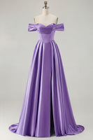 Load image into Gallery viewer, Blue A Line Off the Shoulder Satin Long Prom Dress with Slit