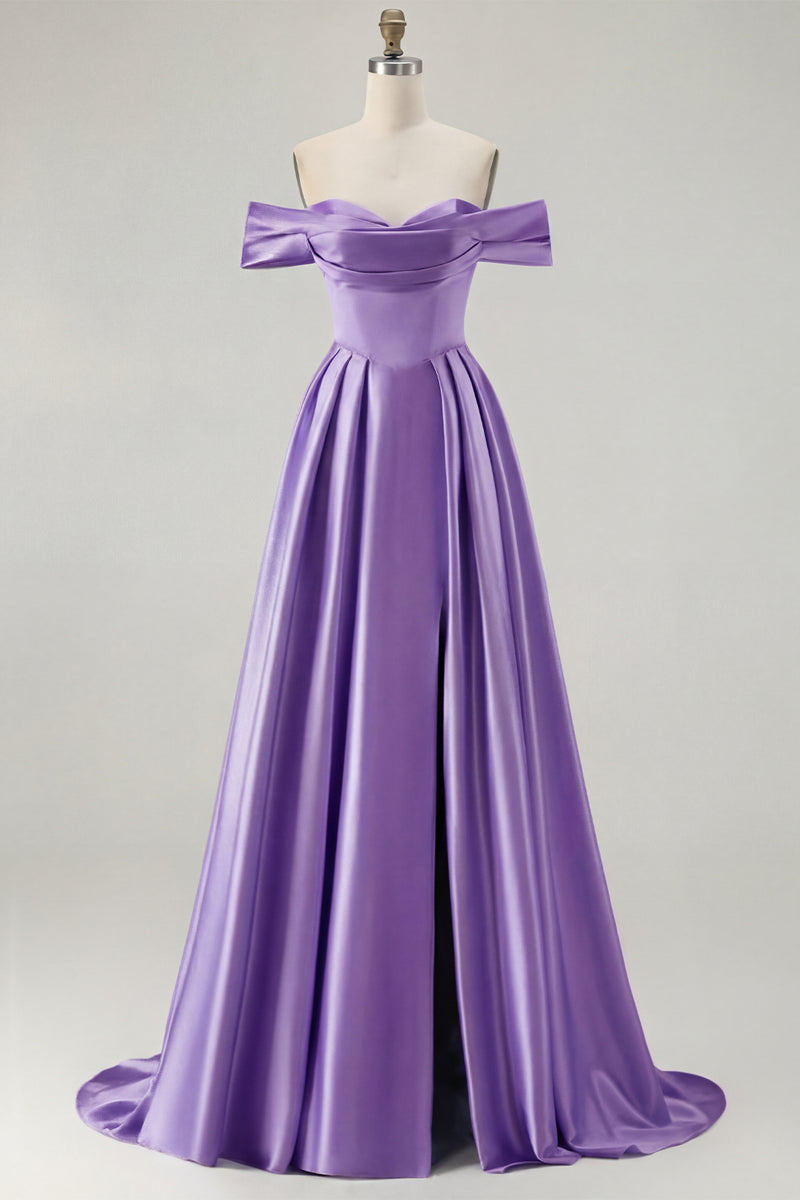 Load image into Gallery viewer, Blue A Line Off the Shoulder Satin Long Prom Dress with Slit