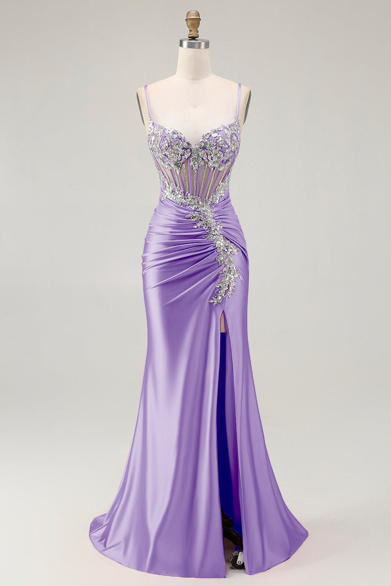 Load image into Gallery viewer, Sparkly Grey Pink Mermaid Satin Long Corset Prom Dress with Slit