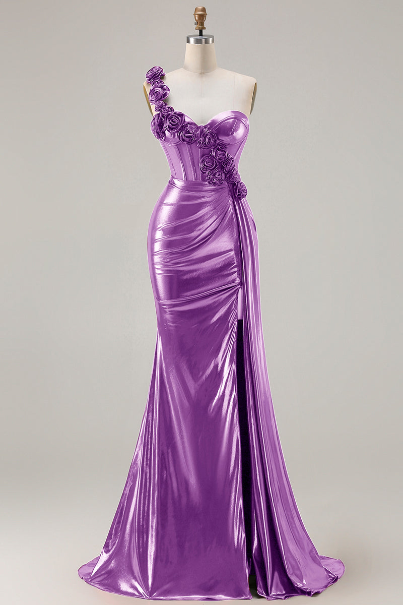 Load image into Gallery viewer, Sparkly Red Ruched Metallic Long Corset Prom Dress with 3D Flowers