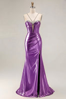 Load image into Gallery viewer, Sparkly Golden Metallic Mermaid Long Corset Prom Dress with Slit