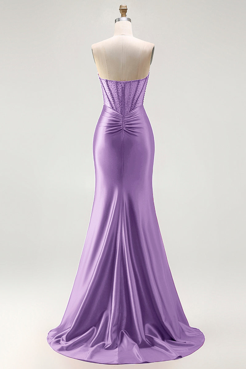 Load image into Gallery viewer, Sparkly Red Mermaid Satin Beaded Long Corset Prom Dress with Slit