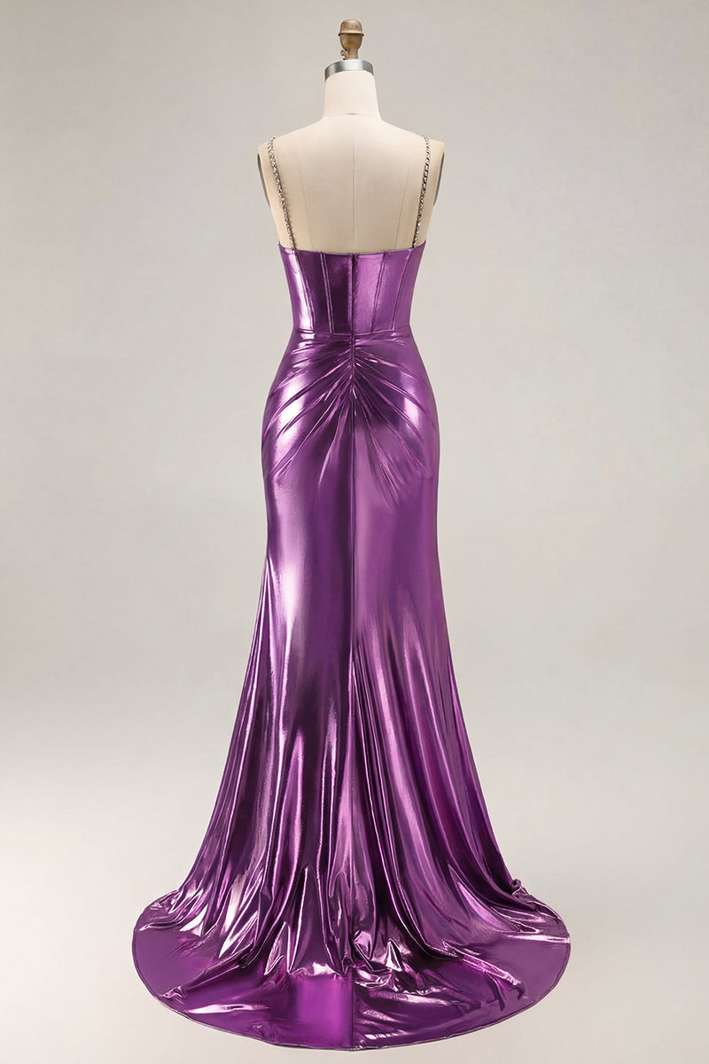 Load image into Gallery viewer, Sparkly Golden Metallic Mermaid Long Corset Prom Dress with Slit