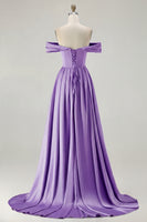 Load image into Gallery viewer, Blue A Line Off the Shoulder Satin Long Prom Dress with Slit