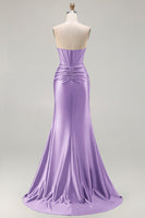 Load image into Gallery viewer, Dark Green Strapless Satin Mermaid Long Corset Prom Dress with Slit