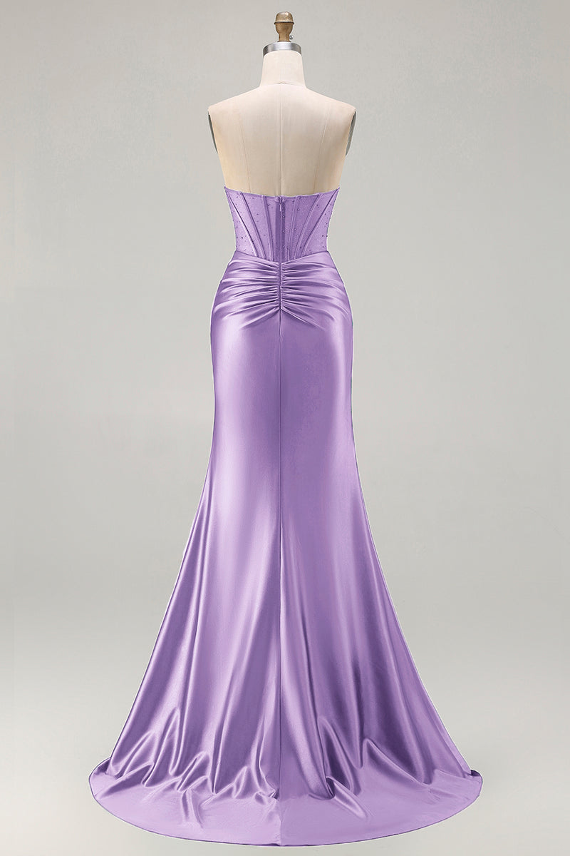 Load image into Gallery viewer, Dark Green Strapless Satin Mermaid Long Corset Prom Dress with Slit