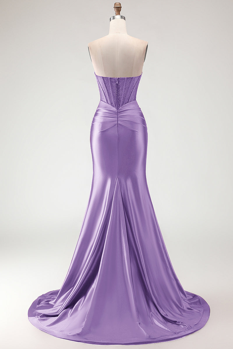 Load image into Gallery viewer, Burgundy Mermaid Satin Long Corset Prom Dress with Slit